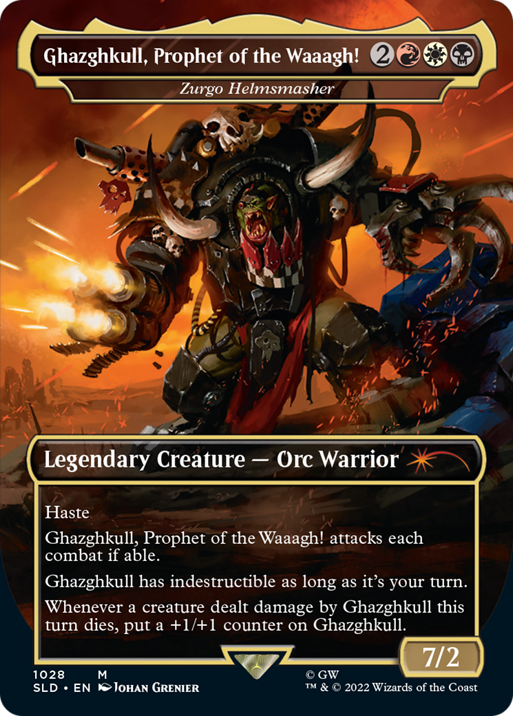 Ghazghkull, Prophet of the Waaagh! - Zurgo Helmsmasher (Borderless) (SLD-1028) - Secret Lair Drop / Ghazghkull, Prophet of the Waaagh! (Borderless)