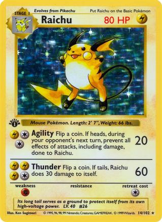 Raichu 014  - 1st Edition Holofoil Base Set Shadowless - Holo Rare