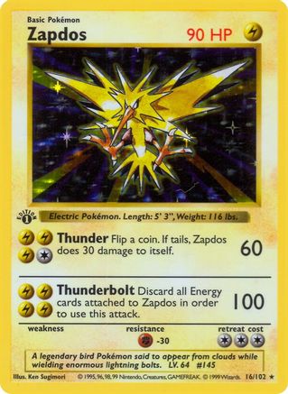 Zapdos 016  - 1st Edition Holofoil Base Set Shadowless - Holo Rare
