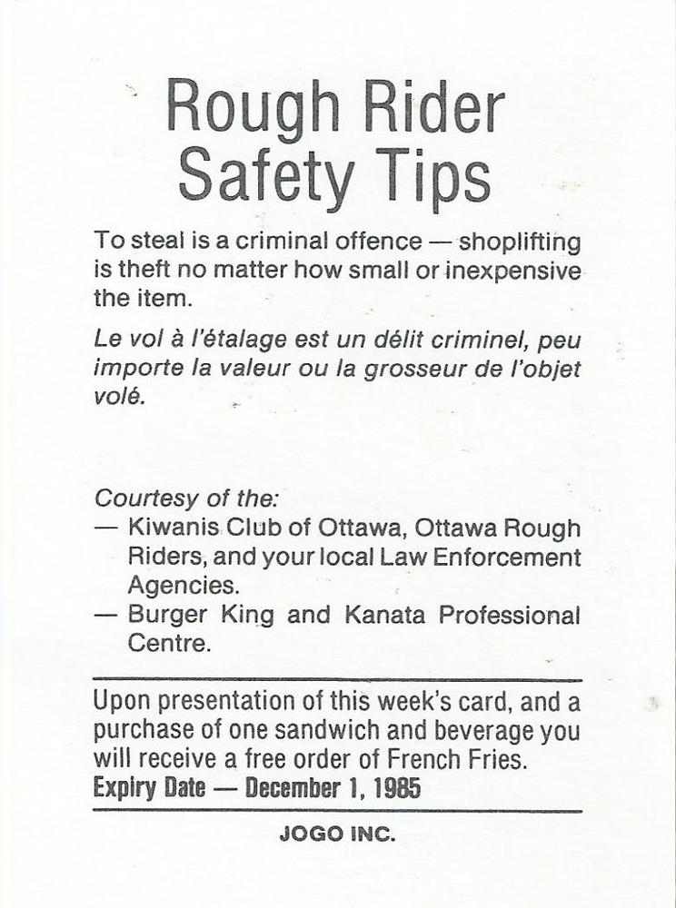 1985 Jogo CFL Burger King / Police Ottawa Rough Riders Set of 10 Cards