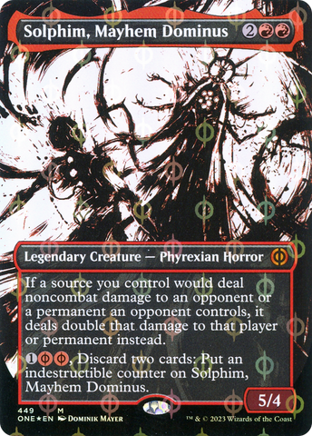 Solphim, Mayhem Dominus (Showcase) (Step-and-Compleat Foil) (ONE-449)  Foil - Phyrexia: All Will Be One: (Showcase) (Borderless)