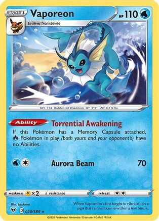 Vaporeon 030/185  - Reverse Holofoil SWSH04 Vivid Voltage - Rare