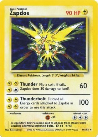 Zapdos 016/102  - Holofoil Base Set Unlimited - Holo Rare