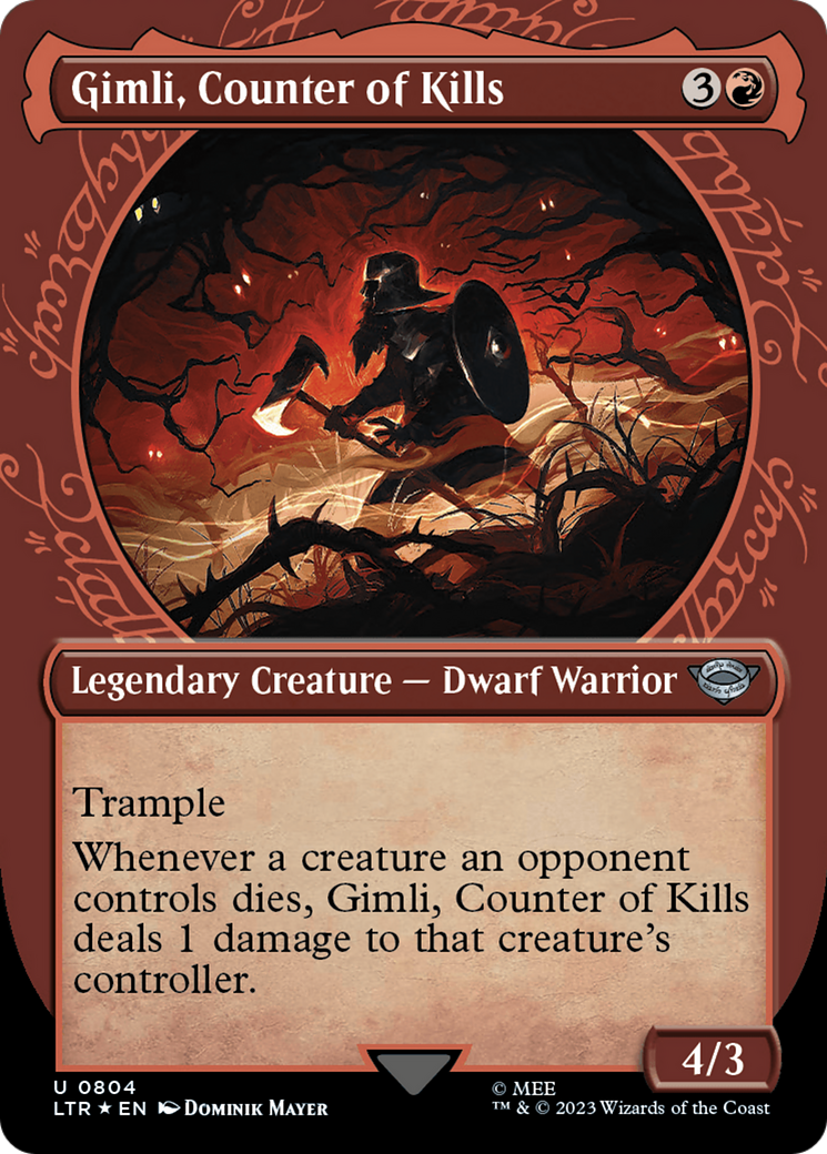 Gimli, Counter of Kills (Showcase) (Surge Foil) (LTR-804)  Foil - The Lord of the Rings: Tales of Middle-earth: (Showcase) (Borderless)
