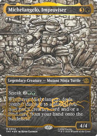 Michelangelo, Improviser (Borderless) (Gold-Stamped Signature) (TMT-304) - Teenage Mutant Ninja Turtles Foil