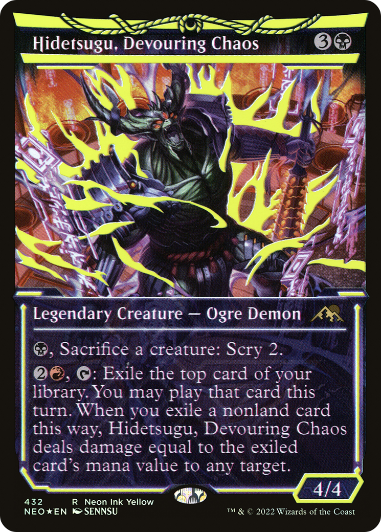 Hidetsugu, Devouring Chaos (Neon Yellow) (WPN Exclusive) (NEO-432) - Kamigawa: Neon Dynasty: (Showcase) Foil
