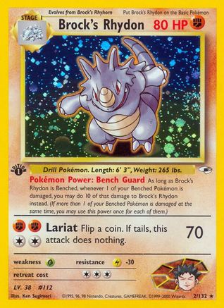 Brock's Rhydon 002/132  - Unlimited Holofoil Gym Heroes - Holo Rare