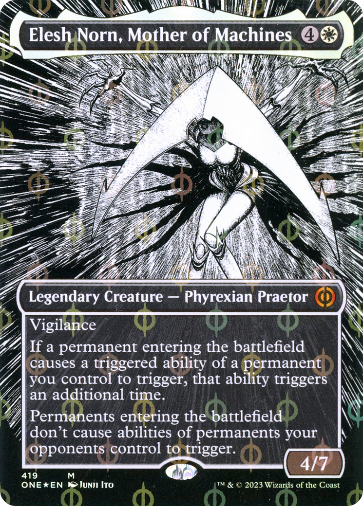 Elesh Norn, Mother of Machines (Borderless) (Step-and-Compleat Foil) (ONE-419)  Foil - Phyrexia: All Will Be One: (Showcase)