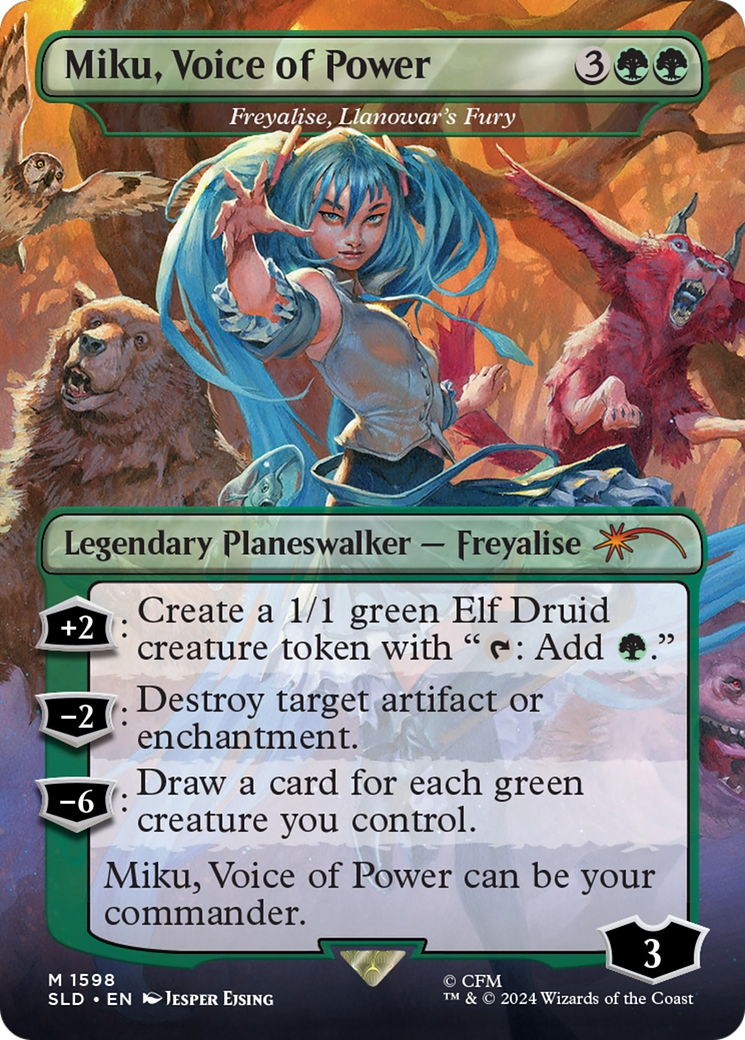 Freyalise, Llanowar's Fury (SLD-1598) - Secret Lair Drop / Miku, Voice of Power (Borderless) Foil
