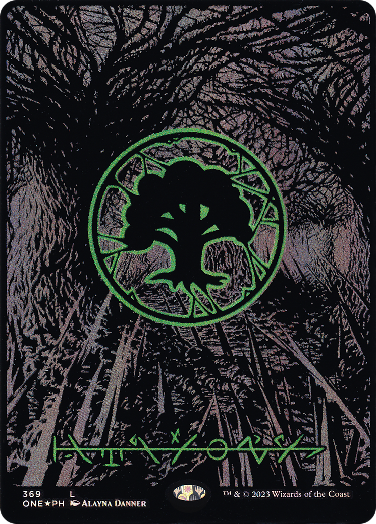 Forest (Phyrexian) - Full Art (Oil Slick Raised Foil) (ONE-369) - Phyrexia: All Will Be One (Borderless) Foil