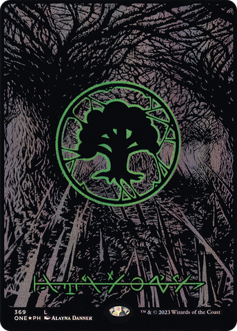 Forest (Phyrexian) - Full Art (Oil Slick Raised Foil) (ONE-369) - Phyrexia: All Will Be One (Borderless) Foil