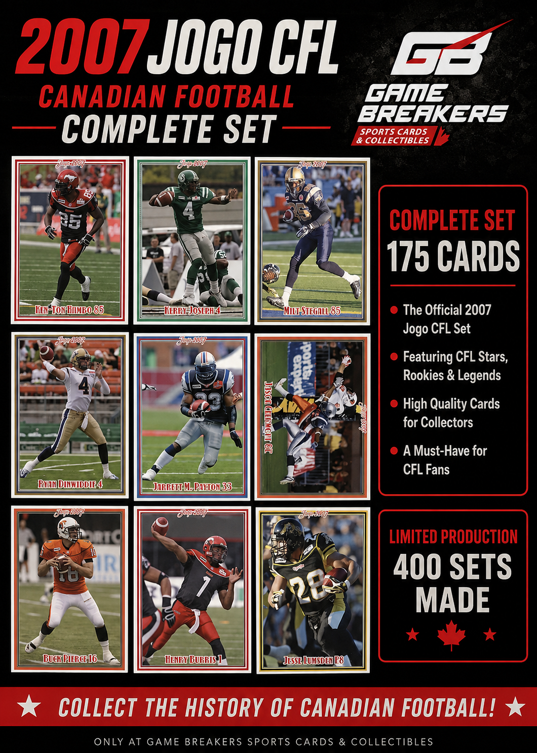 Promotional graphic for the 2007 Jogo CFL Complete Set by Game Breakers, showing a 3x3 grid of vintage Canadian football trading cards and text highlighting 175 cards and 400 sets made.