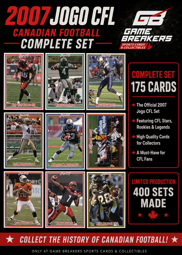 Promotional graphic for the 2007 Jogo CFL Complete Set by Game Breakers, showing a 3x3 grid of vintage Canadian football trading cards and text highlighting 175 cards and 400 sets made.