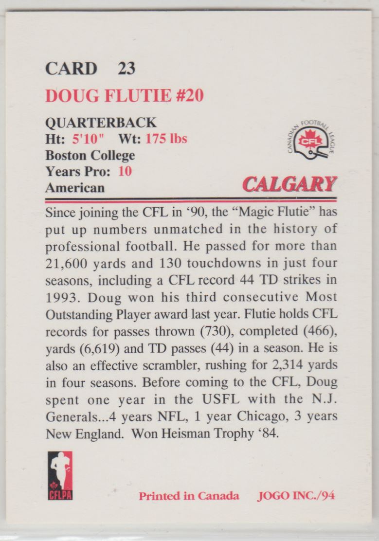 1994 Jogo CFL Football Series 1 Set of 110 Cards (1-110) with 2 different Doug Fluties