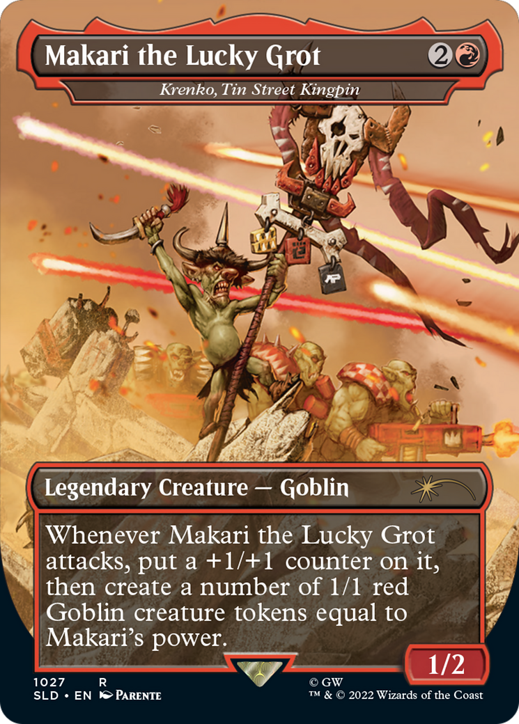 Makari the Lucky Grot - Krenko, Tin Street Kingpin (Borderless) (SLD-1027)  Foil - Secret Lair Drop / Makari the Lucky Grot