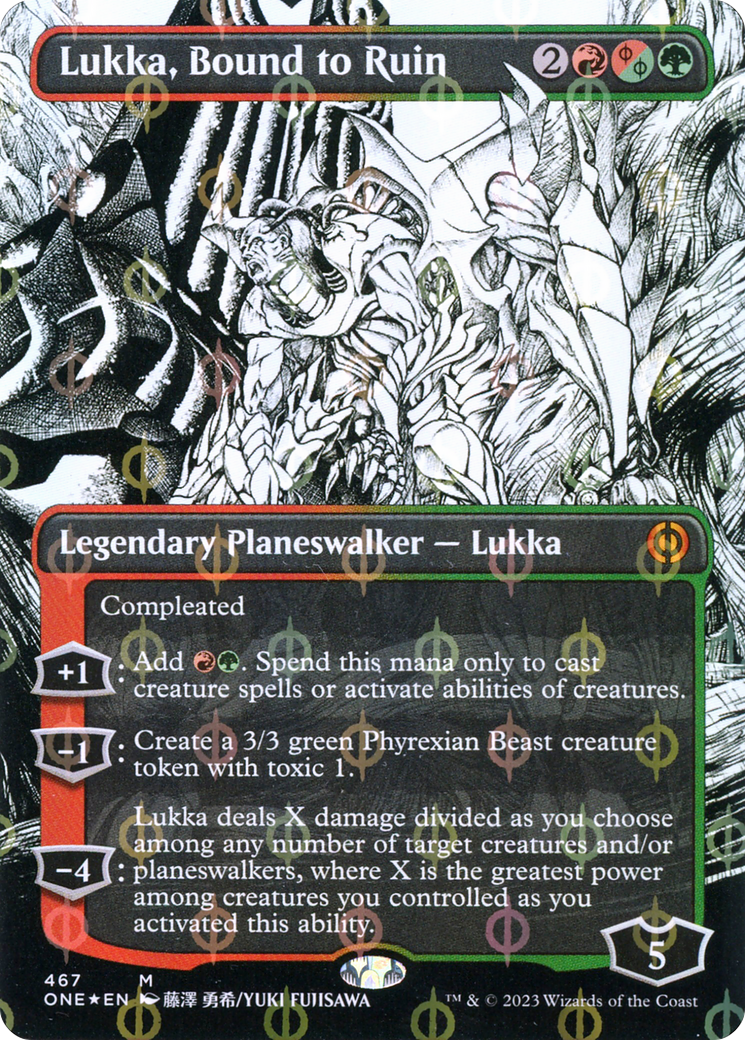 Lukka, Bound to Ruin (Borderless) (Step-And-Compleat Foil) (ONE-467)  Foil - Phyrexia: All Will Be One: (Showcase)