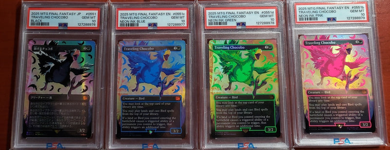 Four Consecutively Numbered PSA 10 2025 Magic the Gathering Final Fantasy Black, Neon Ink Blue, Green & Pink TRAVELING CHOCOBOs