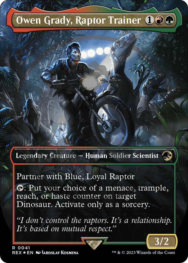 Owen Grady, Raptor Trainer (Borderless) (Emblem) (REX-041) - Jurassic World Collection (Borderless) Foil