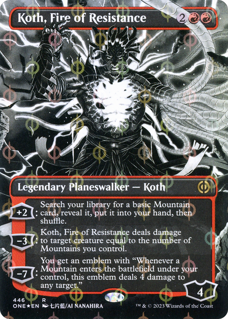 Koth, Fire of Resistance (Borderless) (Step-and-Compleat Foil) (ONE-446)  Foil - Phyrexia: All Will Be One: (Showcase)