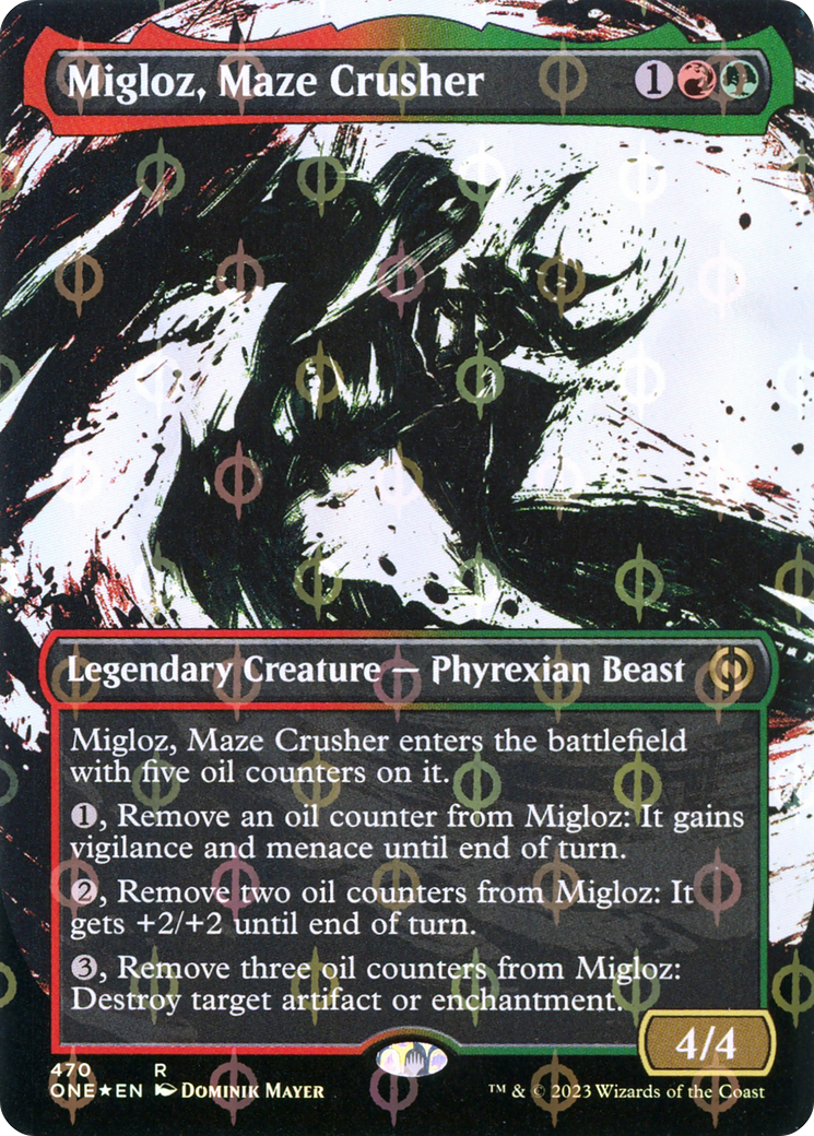 Migloz, Maze Crusher (Showcase) (Step-and-Compleat Foil) (ONE-470)  Foil - Phyrexia: All Will Be One: (Showcase) (Borderless)