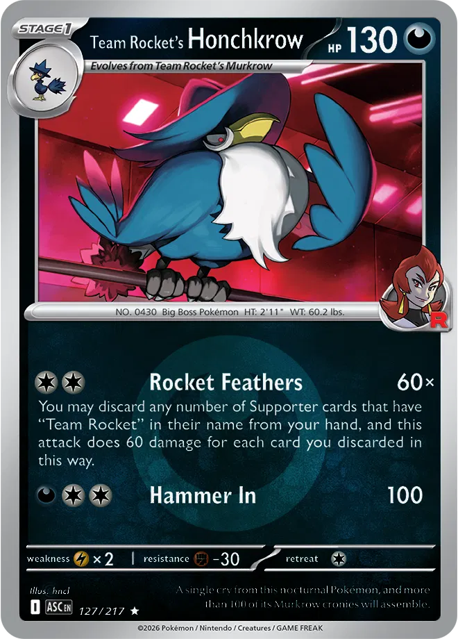 Team Rocket's Honchkrow (Energy Symbol Pattern) 127/217  - Reverse Holofoil ME Ascended Heroes - Rare