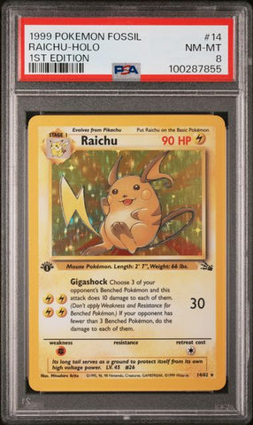 Raichu (14) 014/62 - 1st Edition Holofoil Fossil PSA 8